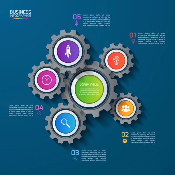 Vector infographic template with gears, cogwheels. Business and industrial concept with 5 options, parts, steps. Can be used for infographics, diagram, graph, presentation, report. — Stock Vector