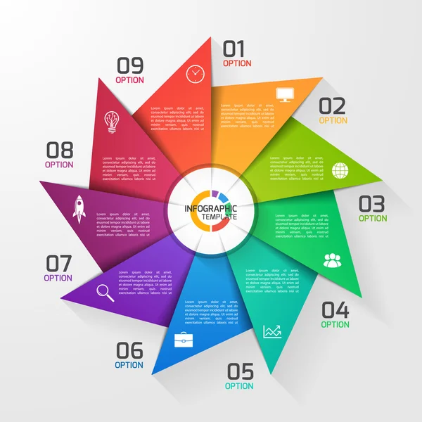 Modelo de infográfico círculo estilo moinho de vento para gráficos, gráficos, diagramas. Conceito de negócios, educação e indústria com 9 opções, peças, etapas, processos . —  Vetores de Stock