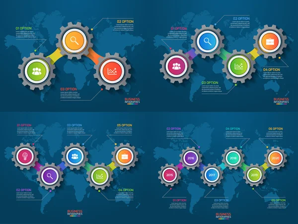 Vektor infographic meghatározott sablonok a gears és a világtérképen. Üzleti és ipari koncepció — Stock Vector