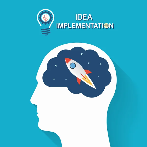 Implémentation d'idées et concept d'entreprise en démarrage. Tête humaine avec cerveau et fusée. Modèle d'infographie. Illustration vectorielle . — Image vectorielle