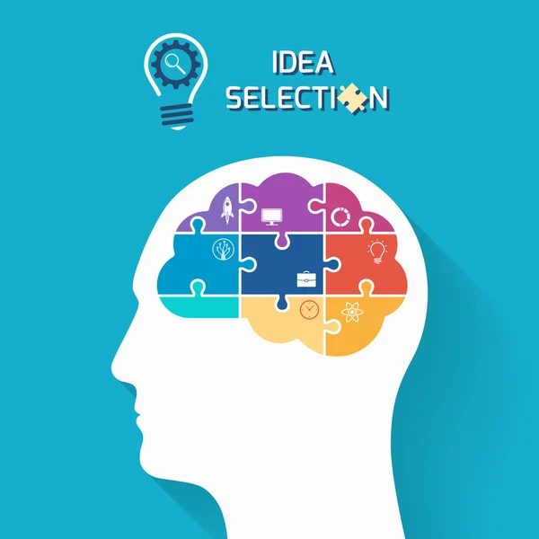 Idee selectie en opstarten bedrijfsconcept. Menselijk hoofd met puzzel stijl hersenen. Infographic sjabloon. Vectorillustratie. — Stockvector
