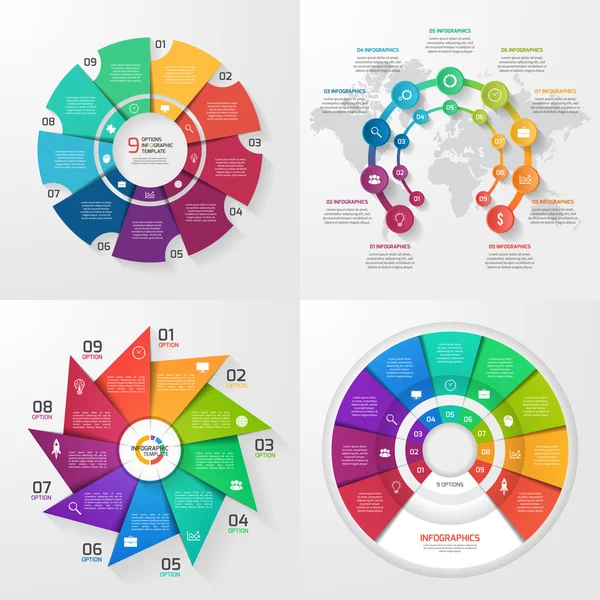 Conjunto de cuatro plantillas de infografía vectorial. 9 opciones — Vector de stock