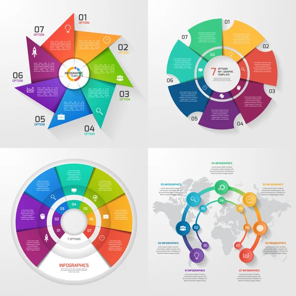 Satz von vier Vektor-Infografik-Vorlagen. Wirtschaft, Bildung, Industrie, Wissenschaftskonzept mit 7 Werten, Optionen, Teilen, Schritten, Prozessen. — Stockvektor