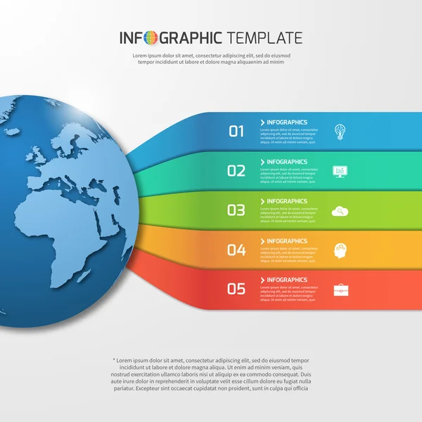 Modèle d'infographie avec globe pour graphiques, graphiques, diagrammes. Concept d'entreprise, d'éducation et d'industrie avec 5 options, pièces, étapes, processus . — Image vectorielle