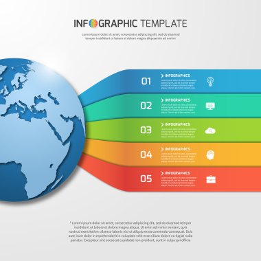 Infographic şablonu grafikler, grafikler, diyagramlar için dünya ile. 5 seçenekleri, parçalar, adımları, iş, eğitim, teknoloji ve ulaşım konseptiyle işler.