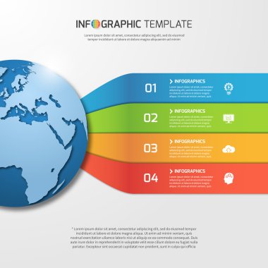 Infographic şablonu grafikler, grafikler, diyagramlar için dünya ile. 4 seçenekleri, parçalar, adımları, iş, eğitim, teknoloji ve ulaşım konseptiyle işler.