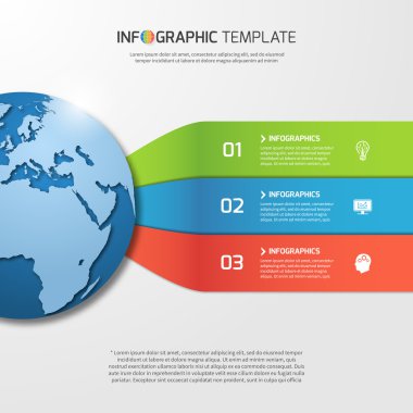 Infographic şablonu grafikler, grafikler, diyagramlar için dünya ile. 3 seçenekleri, parçalar, adımları, iş, eğitim, teknoloji ve ulaşım konseptiyle işler.