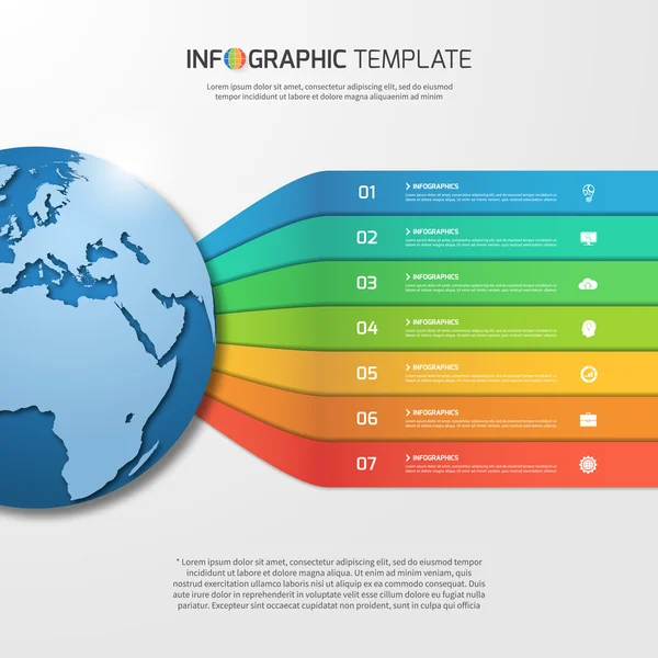 Modèle d'infographie avec globe pour graphiques, graphiques, diagrammes. Concept d'affaires, d'éducation, de technologie et de transport avec 7 options, pièces, étapes, processus . — Image vectorielle