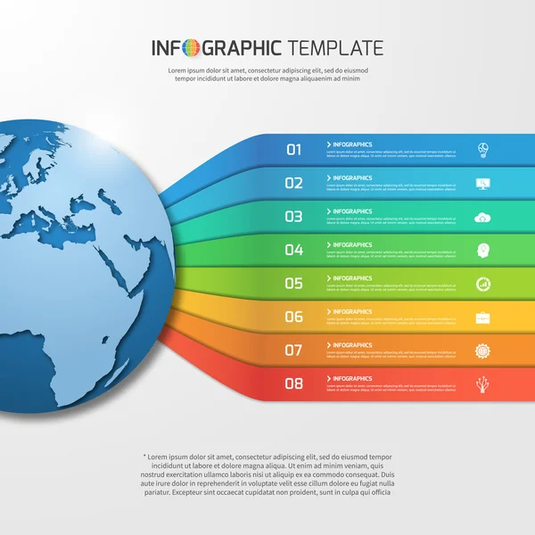Infografik-Vorlage mit Globus für Grafiken, Diagramme, Diagramme. Geschäfts-, Bildungs-, Technologie- und Transportkonzept mit 8 Optionen, Teilen, Schritten, Prozessen. — Stockvektor