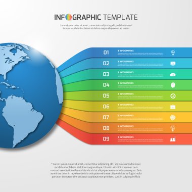 Infographic şablonu 9 seçenekleri, parçalar, adımları, Küre ile grafik, grafikler, diyagramlar için işler. İş, eğitim, seyahat ve ulaşım kavramı