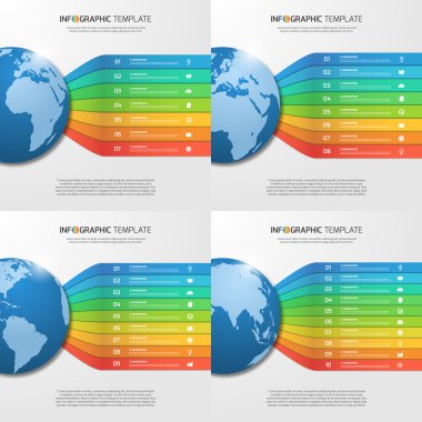 Infographic şablonları ile dünya ile 7, 8, 9, 10 seçenekleri, parçalar, adımları, grafik, grafikler, diyagramlar için işlemleri. İş, eğitim, seyahat ve ulaşım kavramı