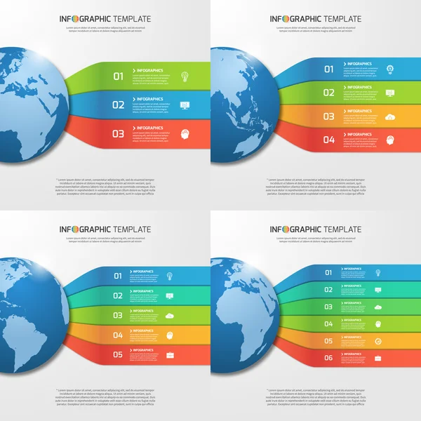 Инфографические шаблоны с глобусом с 3, 4, 5, 6 вариантами, частями, шагами, процессами для графов, графиков, диаграмм. Концепция бизнеса, образования, путешествий и транспорта . — стоковый вектор