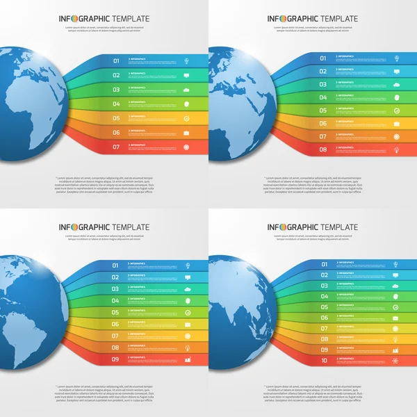 Infografik-Vorlagen mit Globus mit 7, 8, 9, 10 Optionen, Teilen, Schritten, Prozessen für Grafiken, Diagramme, Diagramme. Geschäfts-, Bildungs-, Reise- und Transportkonzept — Stockvektor