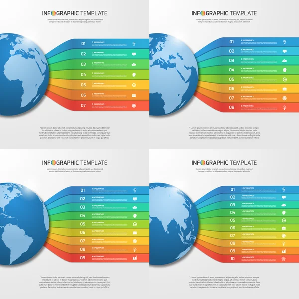 Інфографічні шаблони з глобусом з 7, 8, 9, 10 варіантами, частинами, кроками, процесами для графів, діаграм, діаграм. Концепція бізнесу, освіти, подорожей та транспорту — стоковий вектор