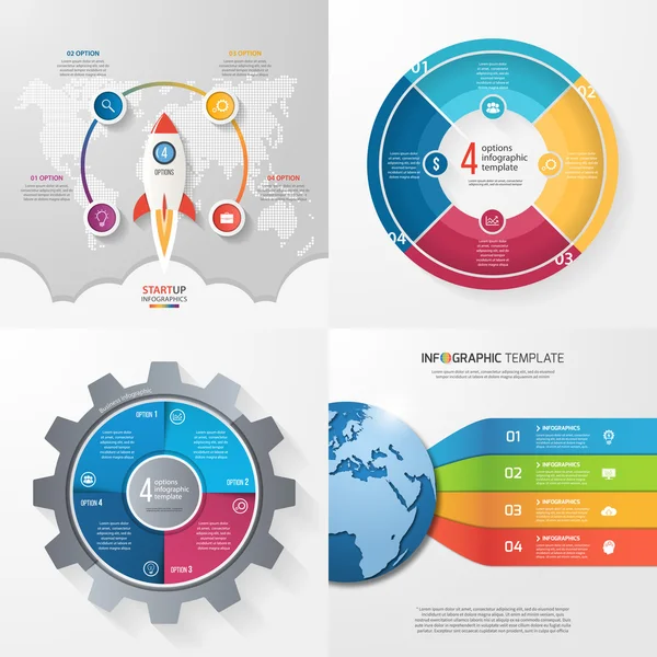 Cuatro plantillas de infografía con 4 pasos, opciones, partes, procesos. Concepto empresarial . — Vector de stock