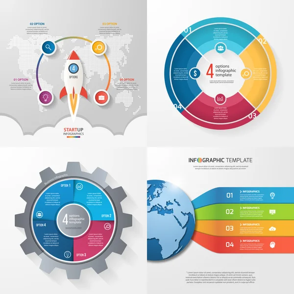 Fyra infographic mallar med 4 steg, alternativ, delar, processer. Affärsidé. — Stock vektor