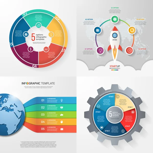Vier Infografik-Vorlagen mit 5 Schritten, Optionen, Teilen, Prozessen. Geschäftskonzept. — Stockvektor