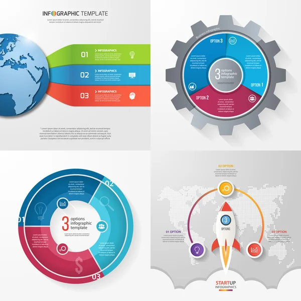 Cuatro plantillas de infografía con 3 pasos, opciones, partes, procesos. Concepto empresarial . — Vector de stock