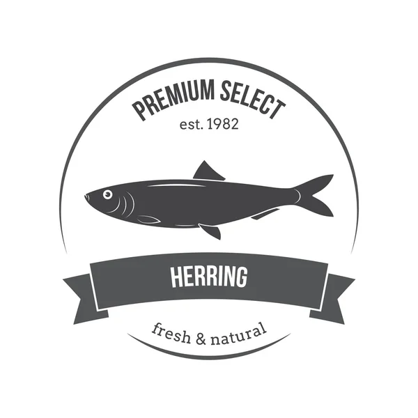 Emblème du hareng vecteur, étiquette. Modèle pour les magasins, les marchés, les emballages alimentaires. Illustration des fruits de mer . — Image vectorielle