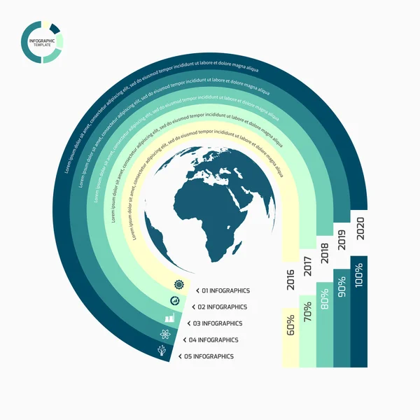Cirkel infographic sjabloon met globe met 5 opties delen, stappen, processen voor grafieken, grafieken, diagrammen. Bedrijfsconcept. — Stockvector
