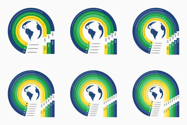 Plantillas de infografía circular en color verde amarillo con globo con 3, 4, 5, 6, 7, 8 opciones, partes, pasos, procesos . — Vector de stock