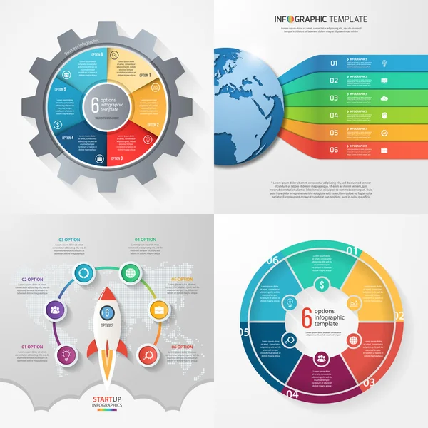 Vier infographic sjablonen met 6 stappen, opties, onderdelen, processen. Bedrijfsconcept. — Stockvector