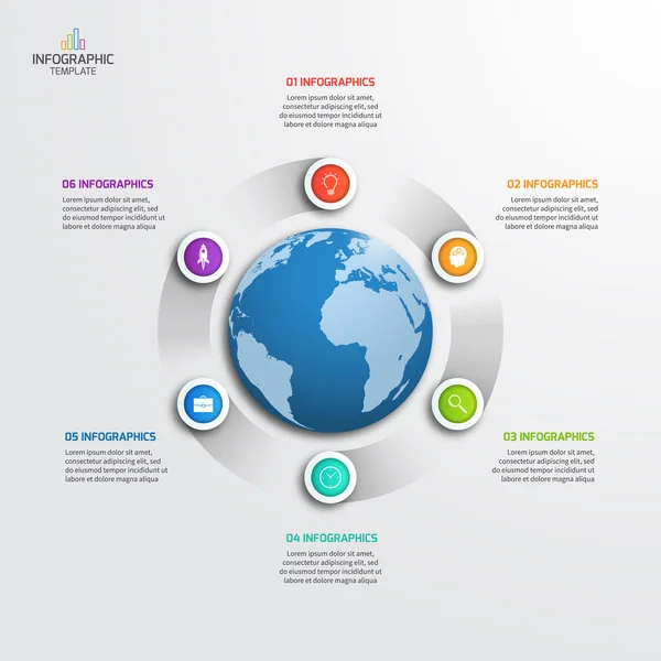 Cirkel infographic sjabloon met globe met 6 opties. Bedrijfsconcept. — Stockvector