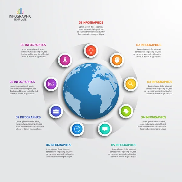 Cirkel infographic sjabloon met globe met 9 opties. Bedrijfsconcept. — Stockvector