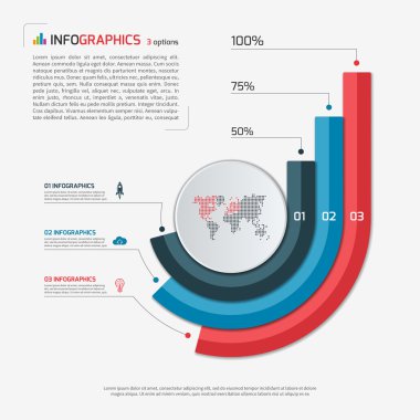 3 seçenek daire Infographic şablonu. Çubuk grafik şablonu büyüyen. İş kavramı. Vektör çizim.