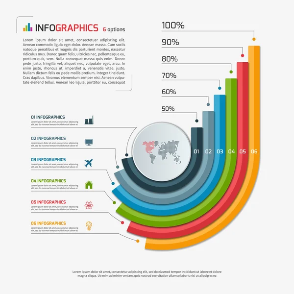 Growing bar chart template with 6 options. Circle infographic template. Business concept. Vector illustration. — Stock Vector