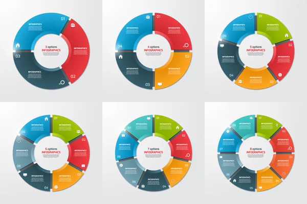 Set cirkeldiagram cirkel infographic sjablonen met 3-8-opties. Bedrijfsconcept. Vectorillustratie. — Stockvector