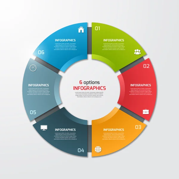 Wykres kołowy koło infografikę szablon z 6 opcje. Koncepcja biznesowa. Ilustracja wektorowa. — Wektor stockowy