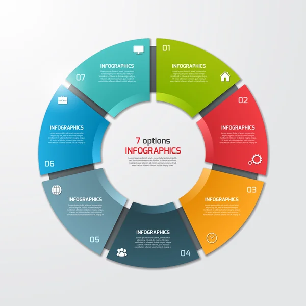 Wykres kołowy szablon infografikę koło 7 opcje. Koncepcja biznesowa. Ilustracja wektorowa. — Wektor stockowy