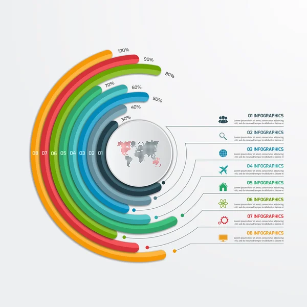 Kruhu infographic šablona s 8 možností. Podnikatelský koncept. — Stockový vektor