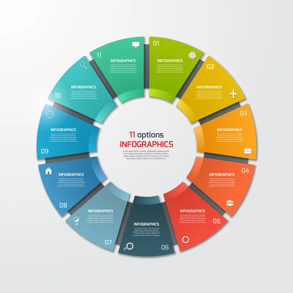 Modelo de infográfico de círculo de gráfico de torta com 11 opções. Conceito de negócio . —  Vetores de Stock