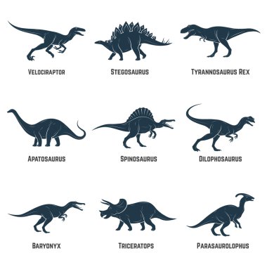 Dinozorlar vektör simgeler, silüetler, işaretler, amblemler kümesi. Vektör çizim. 