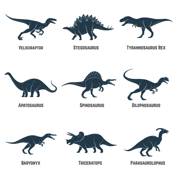 Reihe von Dinosaurier-Vektor-Ikonen, Silhouetten, Zeichen, Embleme. Vektorillustration. — Stockvektor