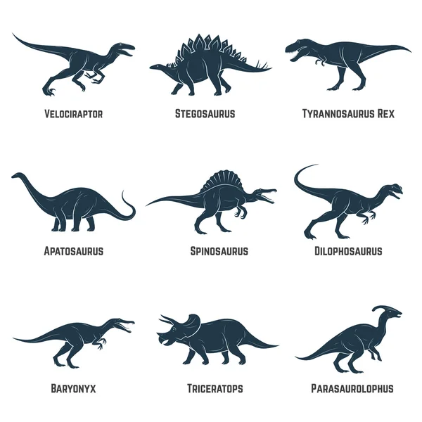 Dinozorlar vektör simgeler, silüetler, işaretler, amblemler kümesi. Vektör çizim. — Stok Vektör