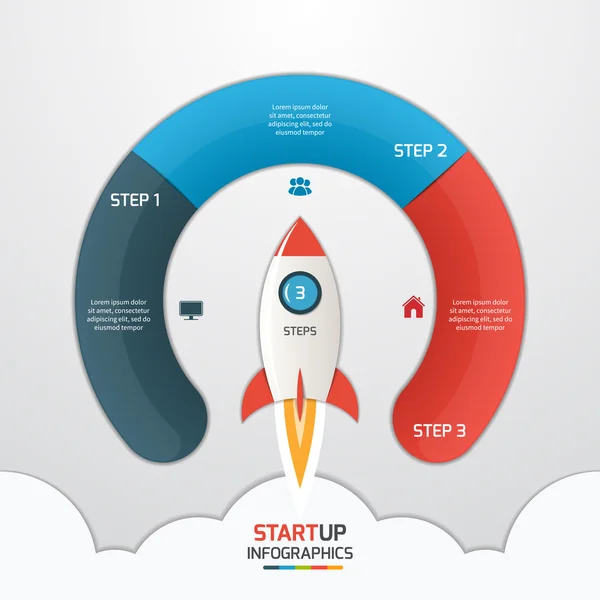 3 βήματα κύκλο εκκίνησης πρότυπο γράφημα με πύραυλο. Επιχειρηματική ιδέα. — Διανυσματικό Αρχείο