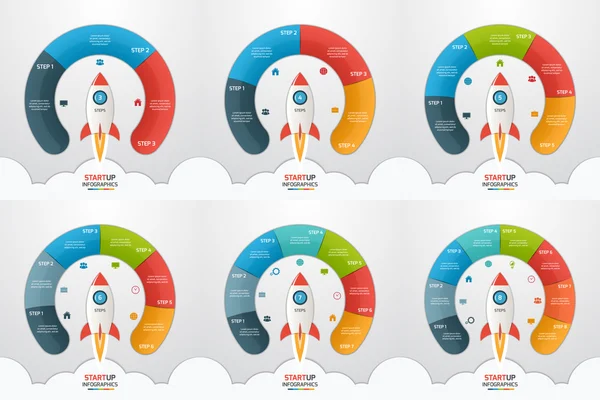 3-8 passos startup circle infographic templates set with rocket. Conceito de negócio . — Vetor de Stock