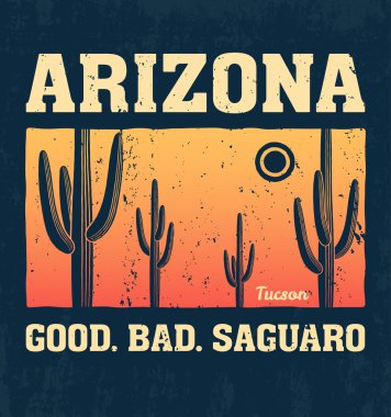 Arizona t-shirt tasarım, baskı, tipografi, saguaro kaktüsü etiketle. Vektör çizim.