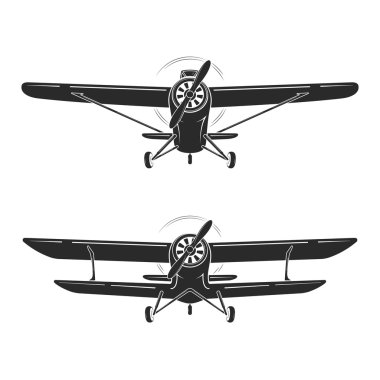 Eski retro vintage uçak amblemi, simge, etiket. Tek kanatlı uçak ve çift kanatlı vektör çizim. 