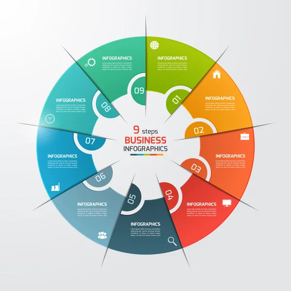9 Schritte Tortendiagramm Kreis Infografik Vorlage. Geschäftskonzept. Vektorillustration. — Stockvektor