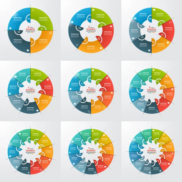 Ensemble de 4-12 étapes diagramme à secteurs cercle modèles infographiques. Concept d'entreprise. Illustration vectorielle . — Image vectorielle