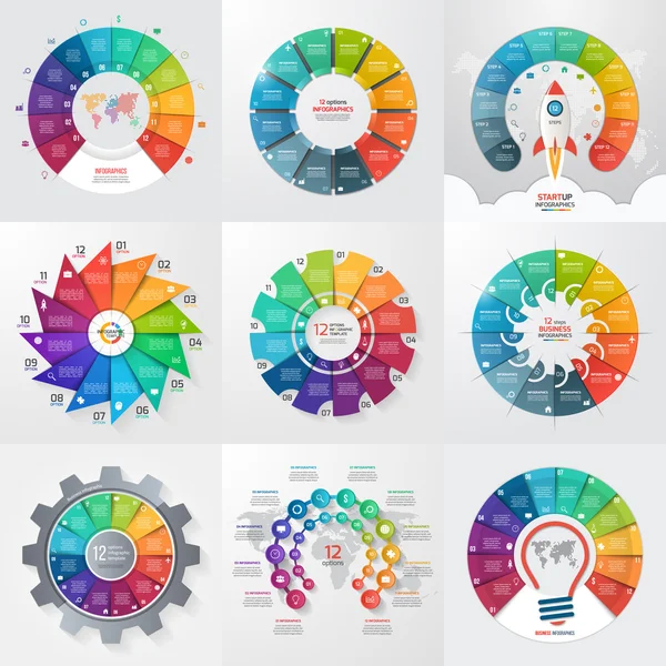 Satz von 9 Kreis-Infografik-Vorlagen mit 12 Optionen, Schritten, Teilen, Prozessen. Geschäftskonzept für Diagramme, Diagramme, Diagramme. Vektorillustration. — Stockvektor