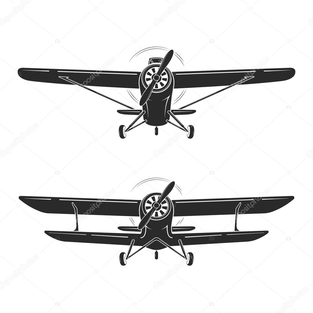 Old retro vintage airplanes emblem, icon, label. Monoplane and biplane vector illustration. 