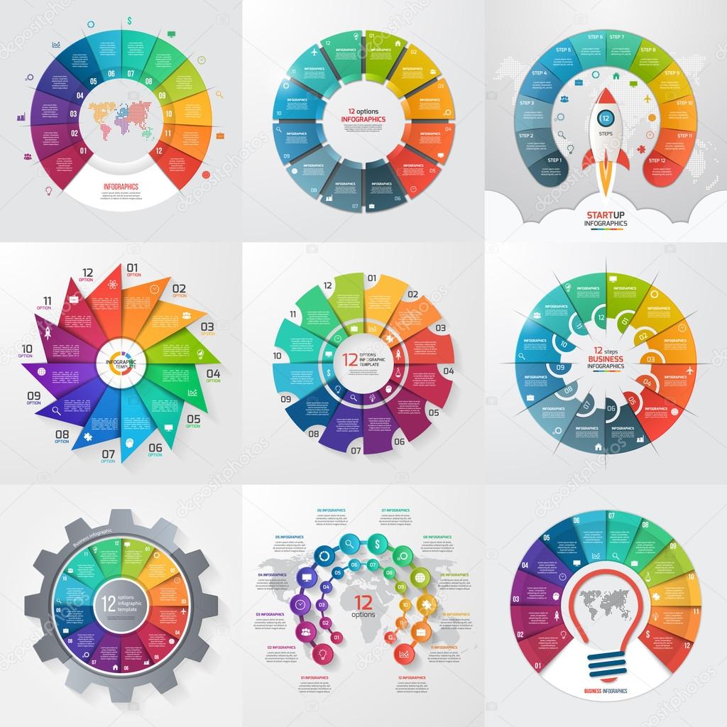 Set of 9 circle infographic templates with 12 options, steps, parts, processes. Business concept for graphs, charts, diagrams. Vector illustration.