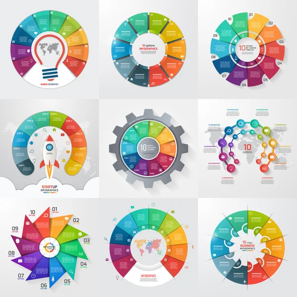 Ensemble de 9 modèles d'infographie en cercle avec 10 options, étapes, pièces, processus . — Image vectorielle