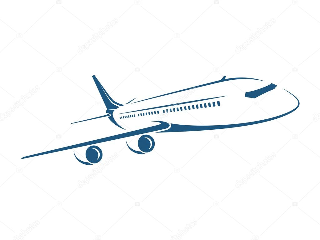 Airplane emblem, label, icon, silhouette on white background. 