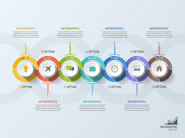 Infographic sjabloon van de business van de tijdlijn met 7 stappen, processen, onderdelen, opties. — Stockvector